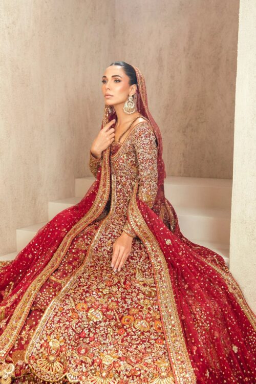 Tena Durrani Crimson Zari Bridal Lehenga