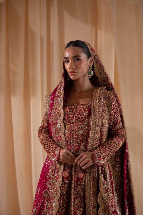 Tena Durrani Crimson Zari Bridal Lehenga